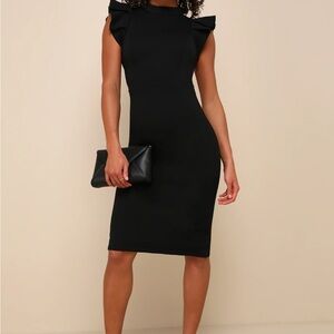 Lulus Stylish Splendor Black Backless Ruffle Bodycon Midi Dress